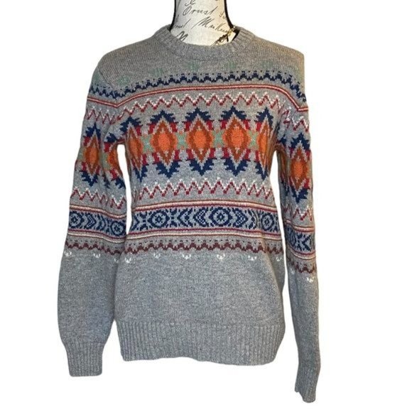 H&M LOGG Sweater Fair Isle Crew Neck Sweater Gray Blue Orange S - Picture 5 of 16